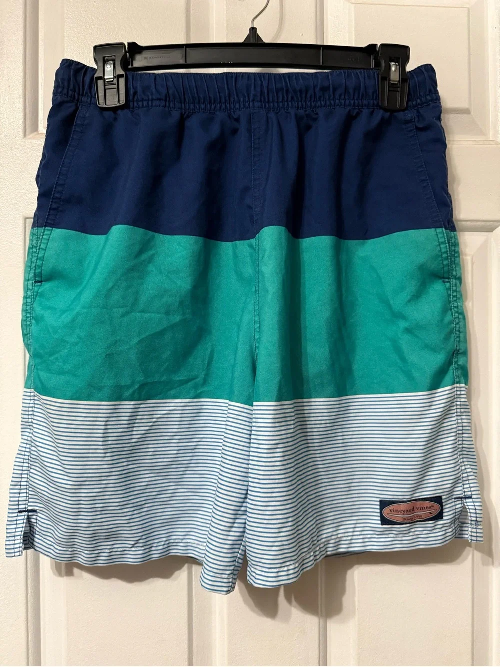 Vineyard Vines Youth XL 18 Colorblock Swim Trunks Blue Green Striped